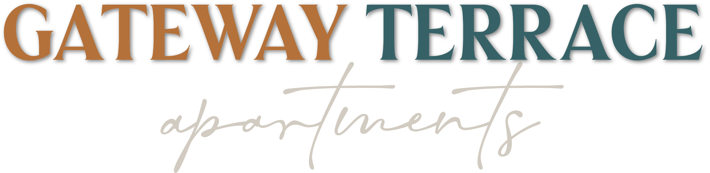 The image displays the words "Gateway Terrace" in large, colorful letters, with the word "apartments" written underneath in a smaller font.
